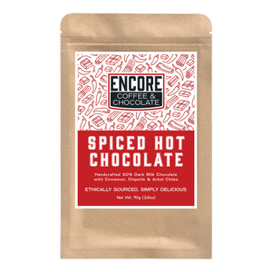Encore Coffee & Chocolate Spiced Hot Chocolate 50% dark milk chocolate bar packaging with cinnamon, chipotle, and arbol chiles, bean-to-bar craft chocolate.