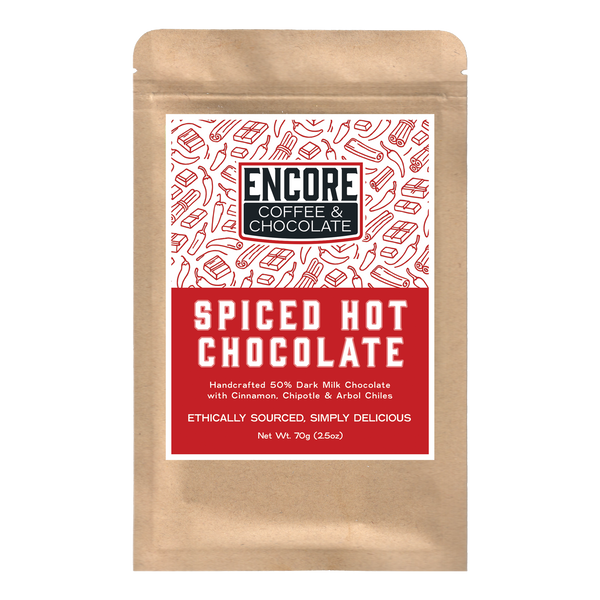 Encore Coffee & Chocolate Spiced Hot Chocolate 50% dark milk chocolate bar packaging with cinnamon, chipotle, and arbol chiles, bean-to-bar craft chocolate.