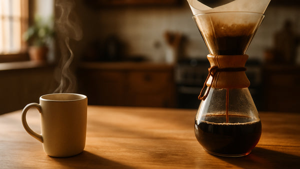 High-resolution 16:9 lifestyle image showing a cozy morning kitchen. A ceramic mug sits on a wood table with soft steam rising, a Chemex mid-pour nearby. The center third is clean, softly lit, and ideal for overlaid text. Do not include packaging.