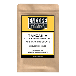 Encore Coffee & Chocolate label for 70% dark chocolate bar made with single origin cacao from Kokoa Kamili Fermentary, Tanzania.