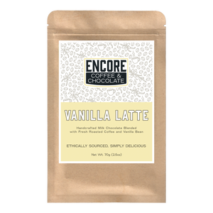Encore Coffee & Chocolate Vanilla Latte milk chocolate bar packaging blended with fresh roasted coffee and vanilla bean, bean-to-bar craft chocolate.