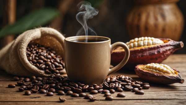Steaming cup of coffee on rustic wood surrounded by coffee beans, cacao pods, burlap sack, and a cacao pod filled with white beans.