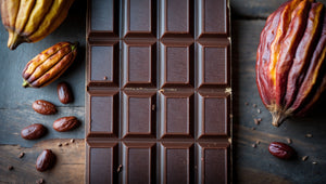 Dark chocolate bar surrounded by cacao pods and cocoa beans on a rustic wooden surface.