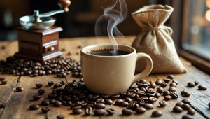 Steaming cup of coffee surrounded by roasted coffee beans, a burlap sack, and a vintage manual coffee grinder on a rustic wooden table.