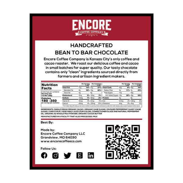 An image of the back of a Milk Chocolate Candy Cane bar from Encore Coffee Company. The packaging is a light brown paper wrapper with the product name and company logo displayed at the top with red banner. The ingredients list and nutritional information are printed in black on the lower half of the wrapper. The packaging also includes company information and a QR code that can be scanned to view the product online.