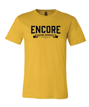 Image consist of yellow t-shirt with Encore Logo in white/ and black