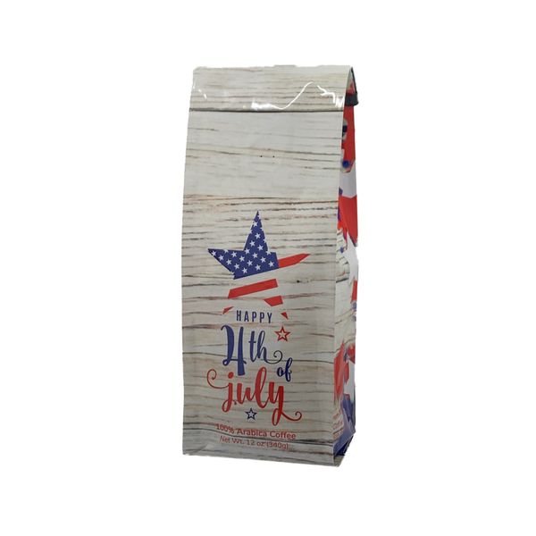 Front View of Bag - Happy 4th of July. Our coffee gift is freshly roasted in small batches.