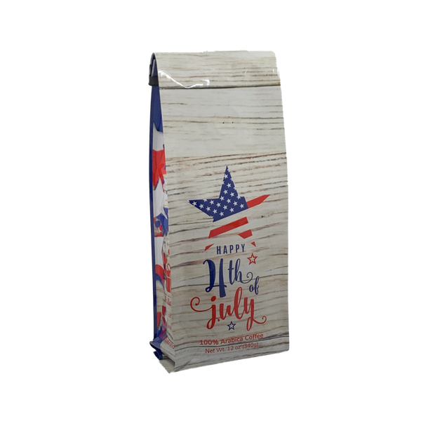 Side View of Bag - Happy 4th of July. Our coffee gift is freshly roasted in small batches.