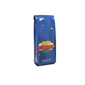 Side View of Bag - Happy Birthday To You - POW! Our coffee gift is freshly roasted in small batches.