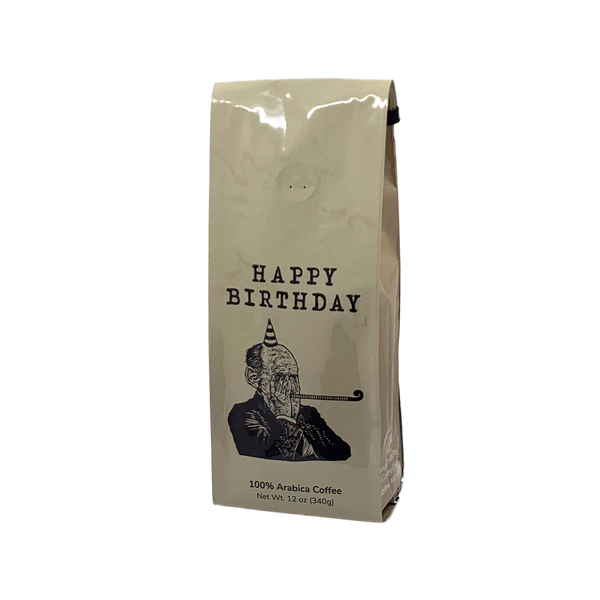 Front View of Bag - Happy Birthday - Vintage. Our coffee gift is freshly roasted in small batches.