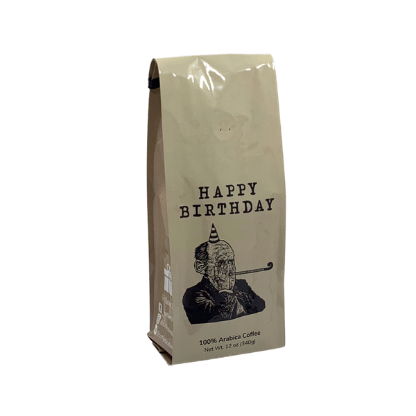 Side View of Bag - Happy Birthday - Vintage. Our coffee gift is freshly roasted in small batches.