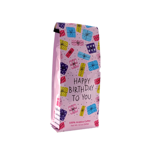 Side View of Bag - Happy Birthday To You - Multicolor. Our coffee gift is freshly roasted in small batches.