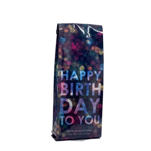 Side View of Bag - Happy Birthday To You - Multicolor. Our coffee gift is freshly roasted in small batches.