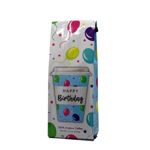 Front View of Bag - Happy Birthday - Coffee Cup. Our coffee gift is freshly roasted in small batches.