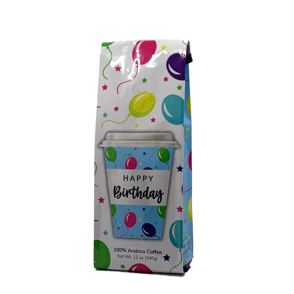 Front View of Bag - Happy Birthday - Coffee Cup. Our coffee gift is freshly roasted in small batches.