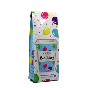 Side View of Bag - Happy Birthday - Coffee Cup. Our coffee gift is freshly roasted in small batches.