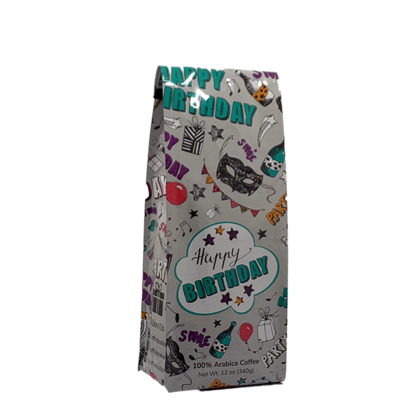 Side View of Bag - Happy Birthday - Party. Our coffee gift is freshly roasted in small batches.
