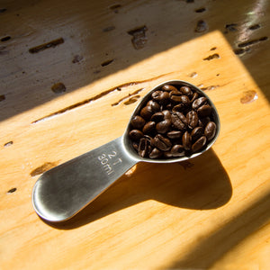 Stainless steel coffee scoop with ergonomic thumb grip, sold by Encore Coffee & Chocolate