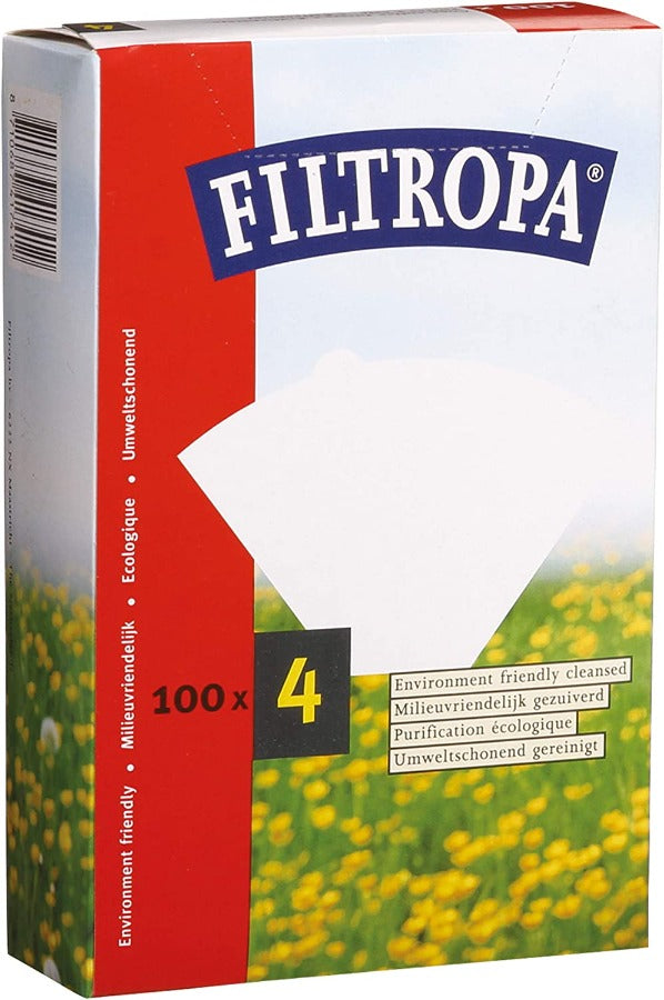 A package of Filtropa coffee filters, with a white background. The package is rectangular with rounded edges and features the Filtropa logo in blue and white in the center. The top of the package reads 'Coffee filters' in blue letters.