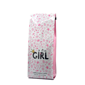 Front View of Bag – It’s a Girl! Our coffee gift is freshly roasted in small batches.