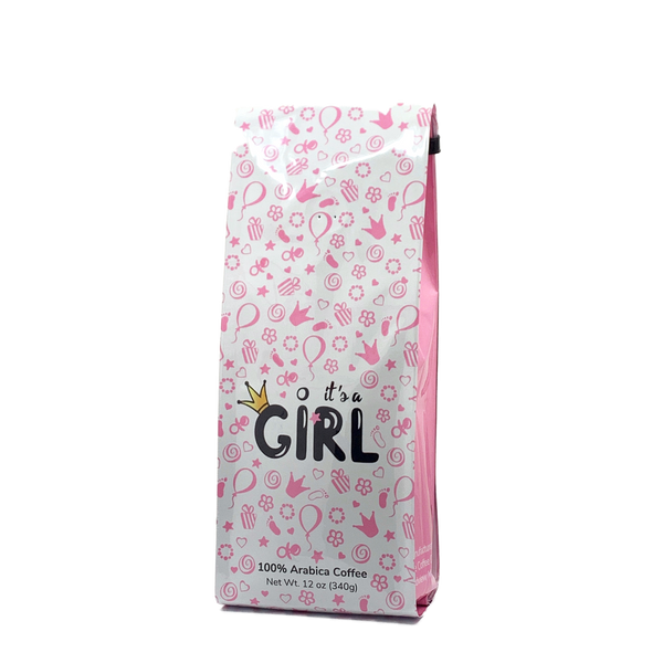 Front View of Bag – It’s a Girl! Our coffee gift is freshly roasted in small batches.