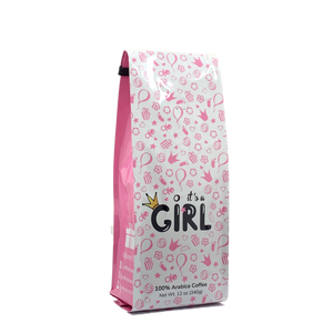Side View of Bag – It’s a Girl! Our coffee gift is freshly roasted in small batches.