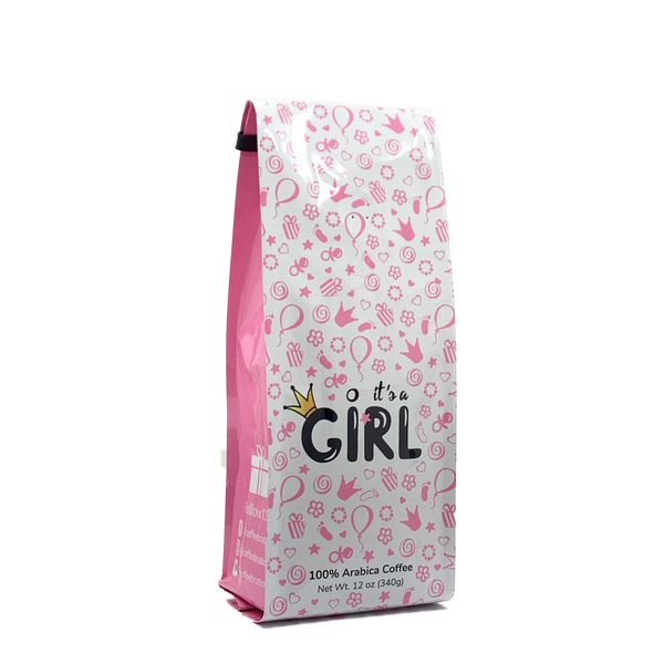 Side View of Bag – It’s a Girl! Our coffee gift is freshly roasted in small batches.