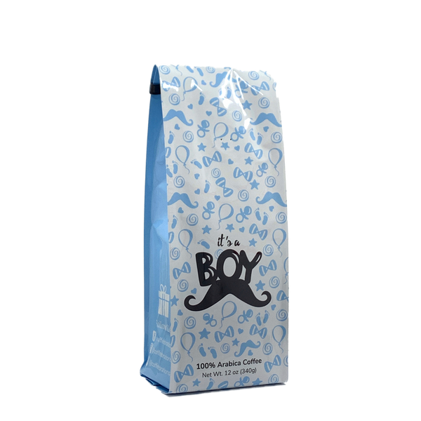 Side View of Bag – It’s a Boy! Our coffee gift is freshly roasted in small batches.