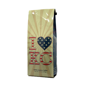 Front View of Bag – I Love KC Patriotic. Our coffee gift is freshly roasted in small batches.