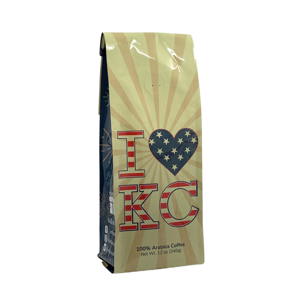 Side View of Bag – I Love KC Patriotic. Our coffee gift is freshly roasted in small batches.