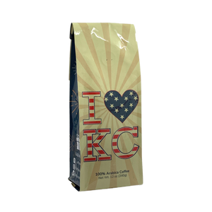 Side View of Bag – I Love KC Patriotic. Our coffee gift is freshly roasted in small batches.