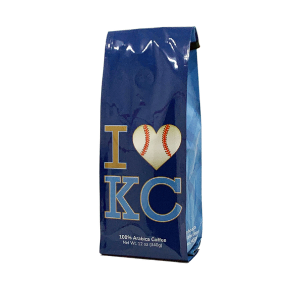 Front View of Bag – I Love KC Baseball. Our coffee gift is freshly roasted in small batches.