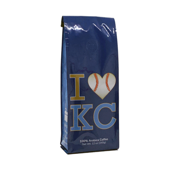 Side View of Bag – I Love KC Baseball. Our coffee gift is freshly roasted in small batches.
