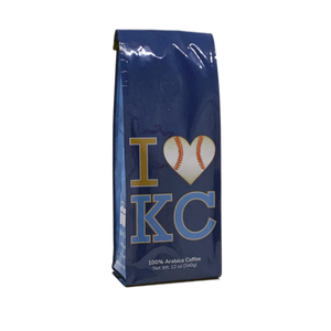 Side View of Bag – I Love KC Baseball. Our coffee gift is freshly roasted in small batches.