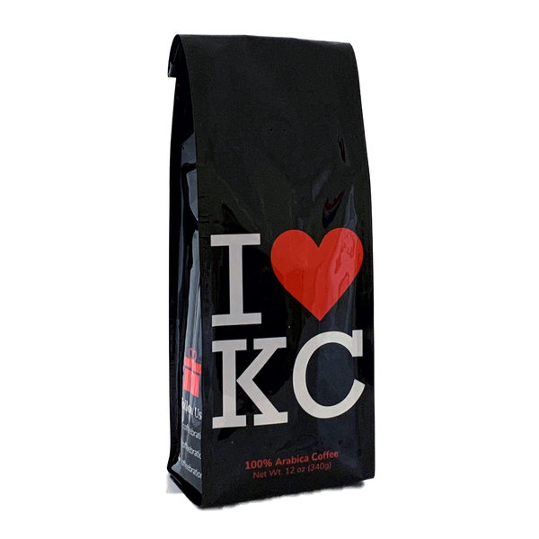 Side View of Bag – I Love KC. Our coffee gift is freshly roasted in small batches.