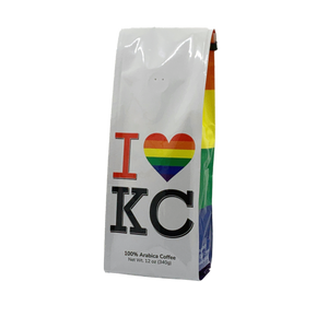 Front View of Bag – I Love KC Pride. Our coffee gift is freshly roasted in small batches.