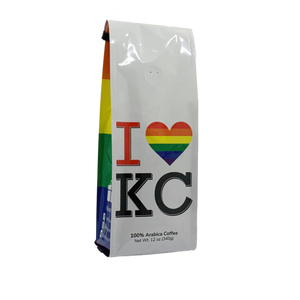 Side View of Bag – I Love KC Pride. Our coffee gift is freshly roasted in small batches.