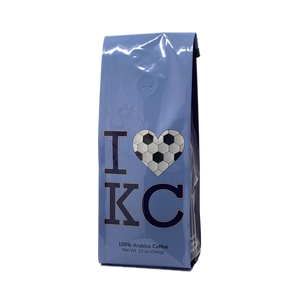 Front View of Bag – I Love KC Soccer. Our coffee gift is freshly roasted in small batches.