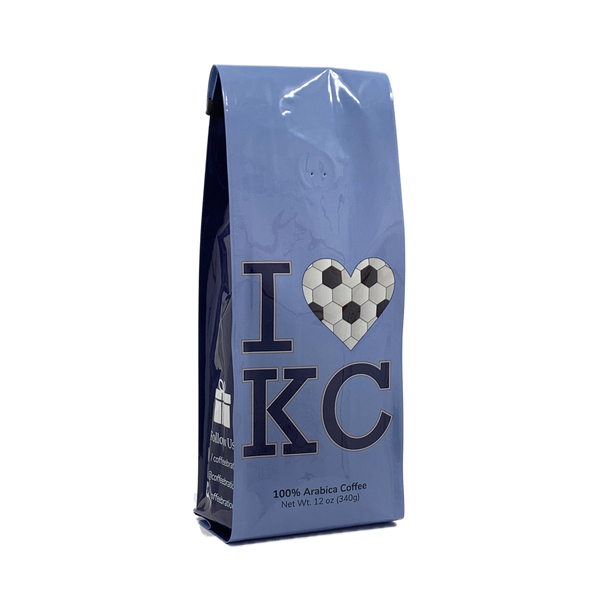 Side View of Bag – I Love KC Soccer. Our coffee gift is freshly roasted in small batches.