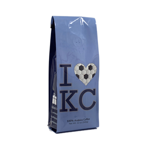 Side View of Bag – I Love KC Soccer. Our coffee gift is freshly roasted in small batches.
