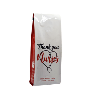 Side View of Bag - Thank You Nurses. Our coffee gift is freshly roasted in small batches.