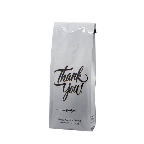 Front View of Bag - Thank You - Script. Our coffee gift is freshly roasted in small batches.