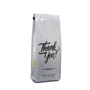Side View of Bag - Thank You - Script. Our coffee gift is freshly roasted in small batches.