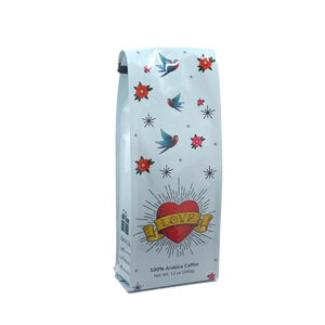 Side View of Bag – Love Tattoo. Our coffee gift is freshly roasted in small batches.