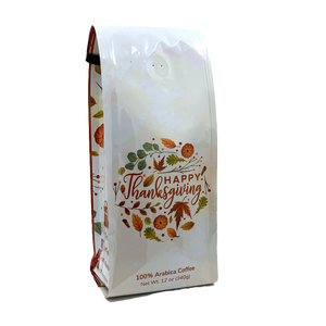 Happy Thanksgiving autumn designer gift bag of Encore Coffee & Chocolate coffee, freshly roasted in small batches.
