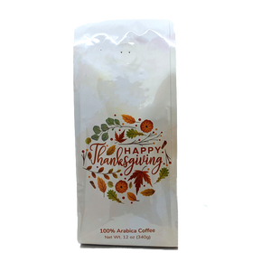 Happy Thanksgiving autumn designer gift bag of Encore Coffee & Chocolate coffee, freshly roasted in small batches.