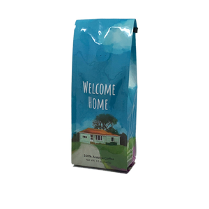 Front View of Bag - Welcome Home. Our coffee gift is freshly roasted in small batches.