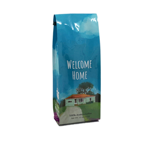 Side View of Bag - Welcome Home. Our coffee gift is freshly roasted in small batches.