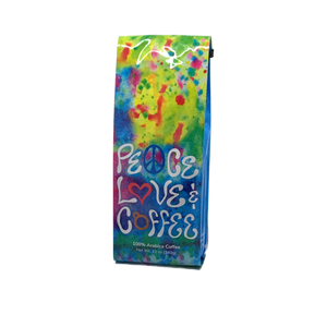 Front View of Bag – Peace Love & Coffee. Our coffee gift is freshly roasted in small batches.