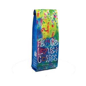 Side View of Bag – Peace Love & Coffee. Our coffee gift is freshly roasted in small batches.